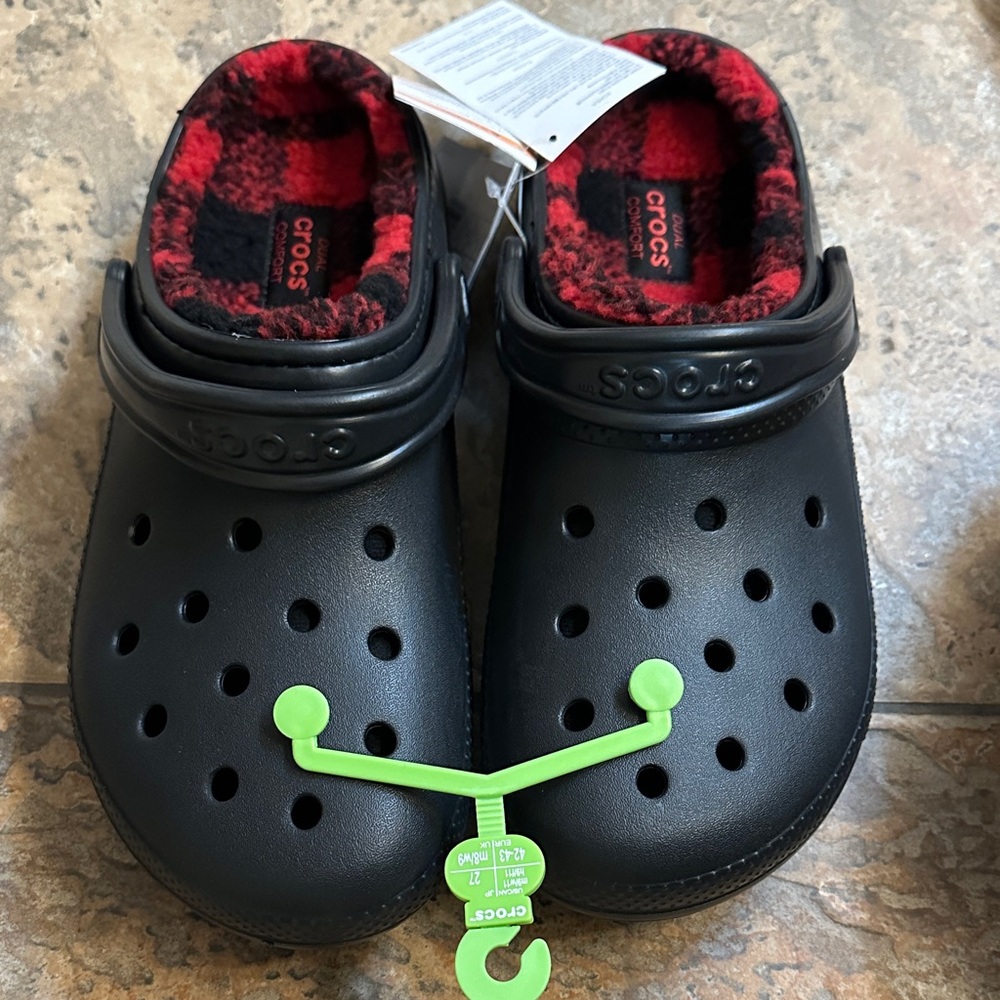 Black Crocs with Red Plaid Lining